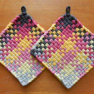 Set of 2 Handmade Artisan Cotton Woven Loomed Potholders Trivets